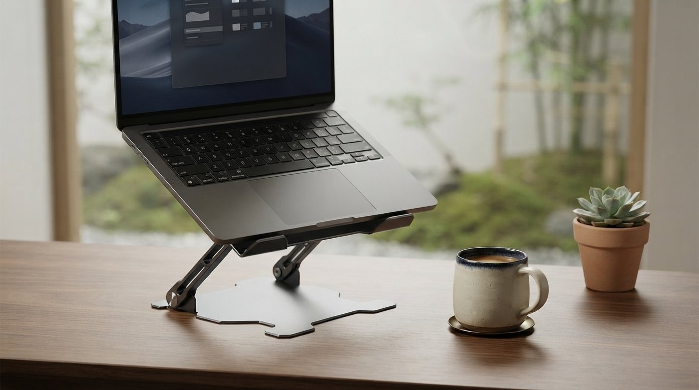 Ergora Vantage laptop stand raising a laptop to eye level in a calm home office
