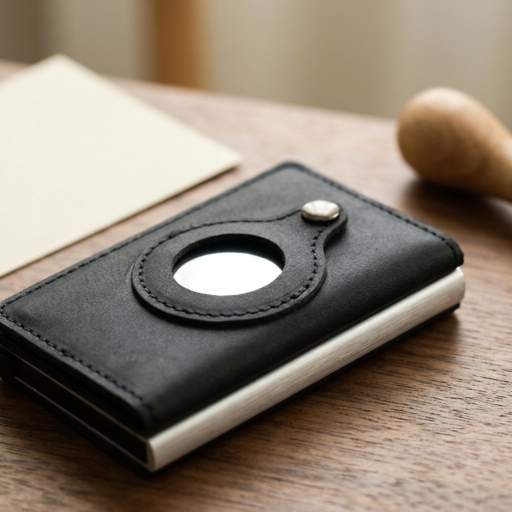 Close-up of the leather grain and AirTag holder