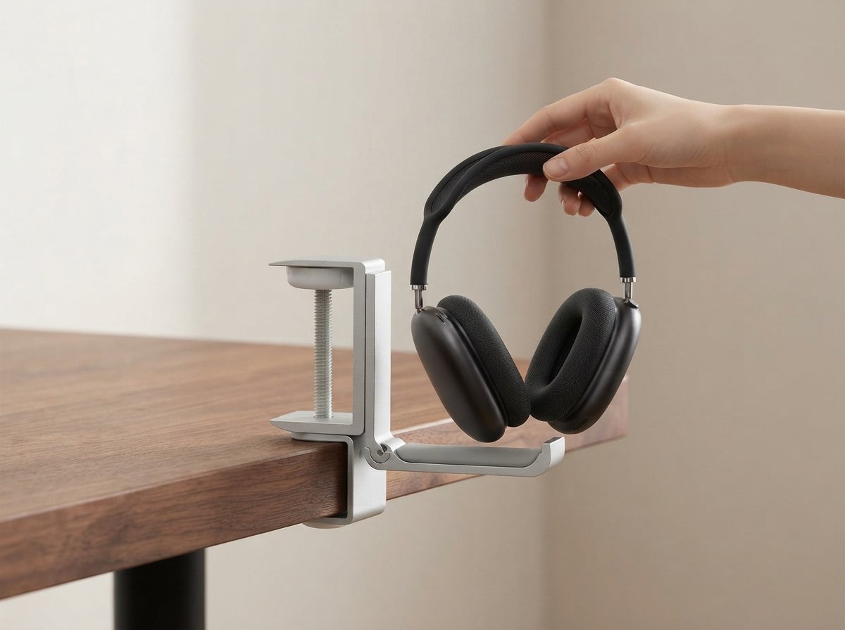 Hanging headphones on the Ergora Wing under a desk edge